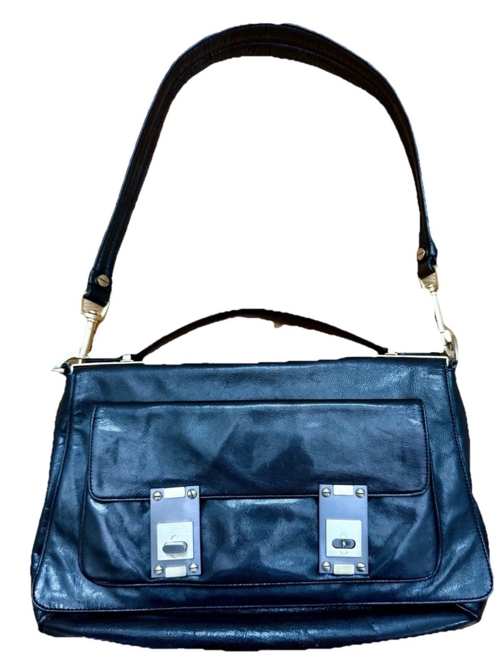Alexis Hudson Black Leather Gold Silver Tote, Bag, or Purse w/ Magnetic Handles